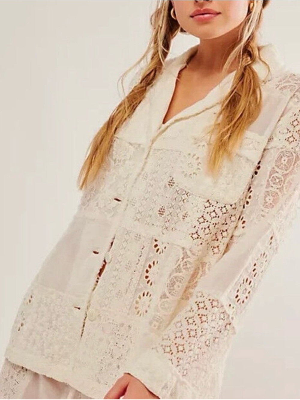 Free People Cream Crochet Lace Button-Down Shirt
